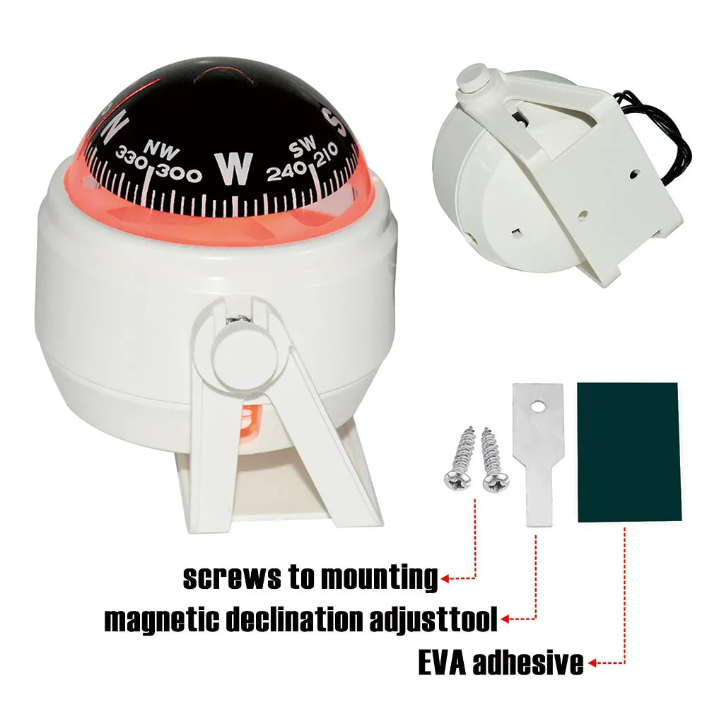 For Boat Yacht Car Waterproof Navigation Compass With Electronic LED Light White/Black Marine Sea Pivoting Marine Compass