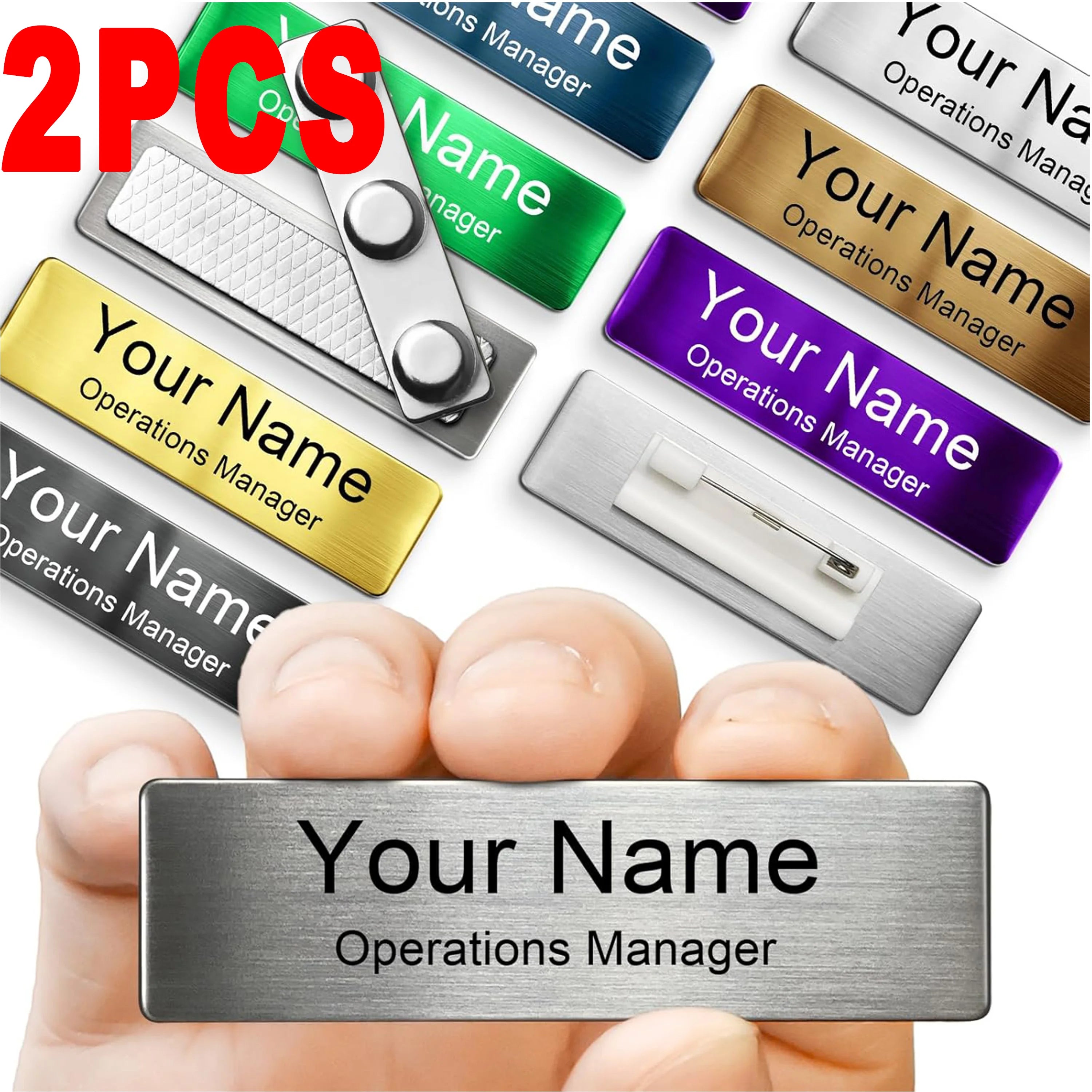 2PCS Engraved Personalized Name Tags with Magnet Clip or Pin Stainless Steel Metal Custom Magnetic Name ID Badge Tag for School