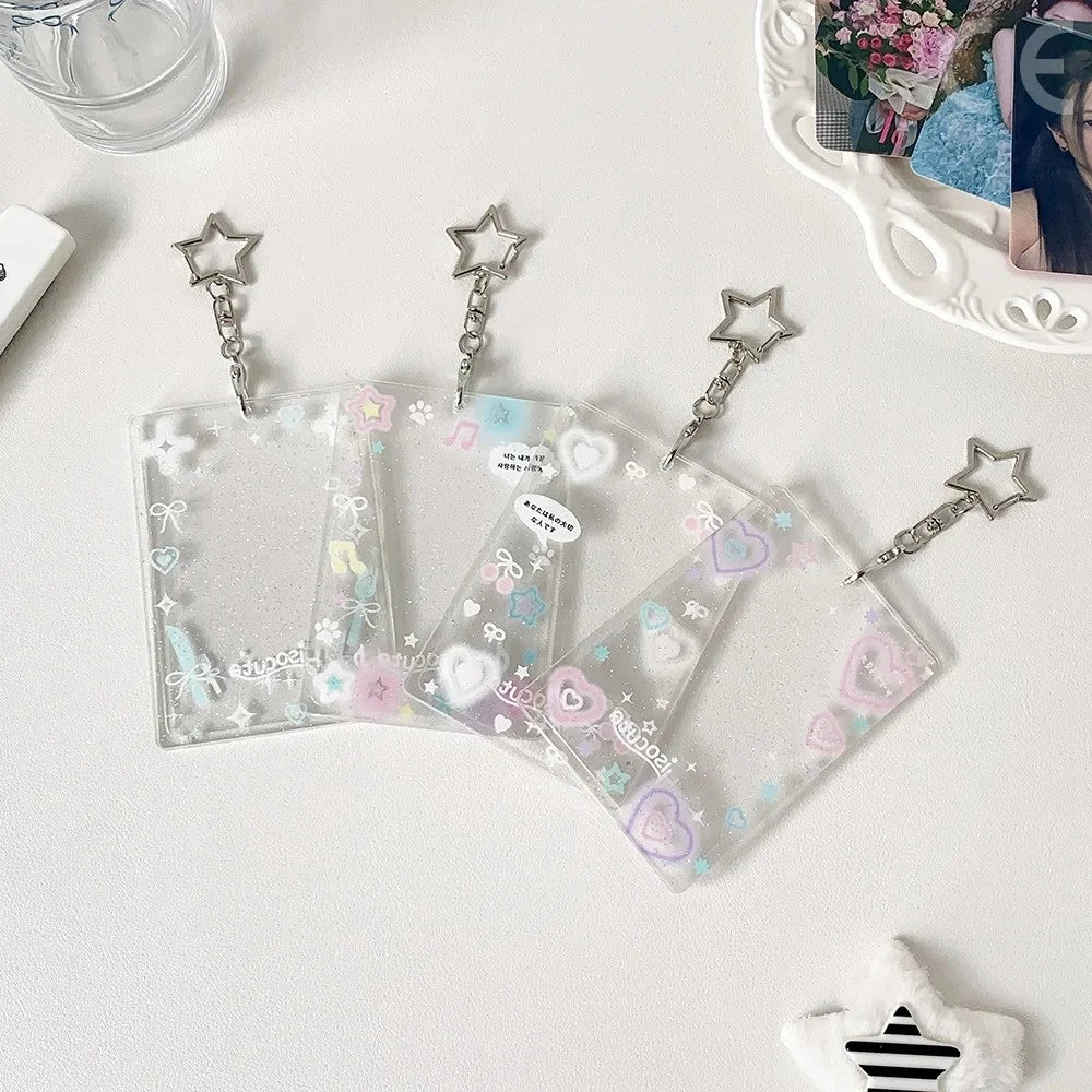 1PC Colorful Graffiti Love Glitter Card Sleeve Transparent Three-inch Mini Card Protector Key Chain Pendant Photo Holder
