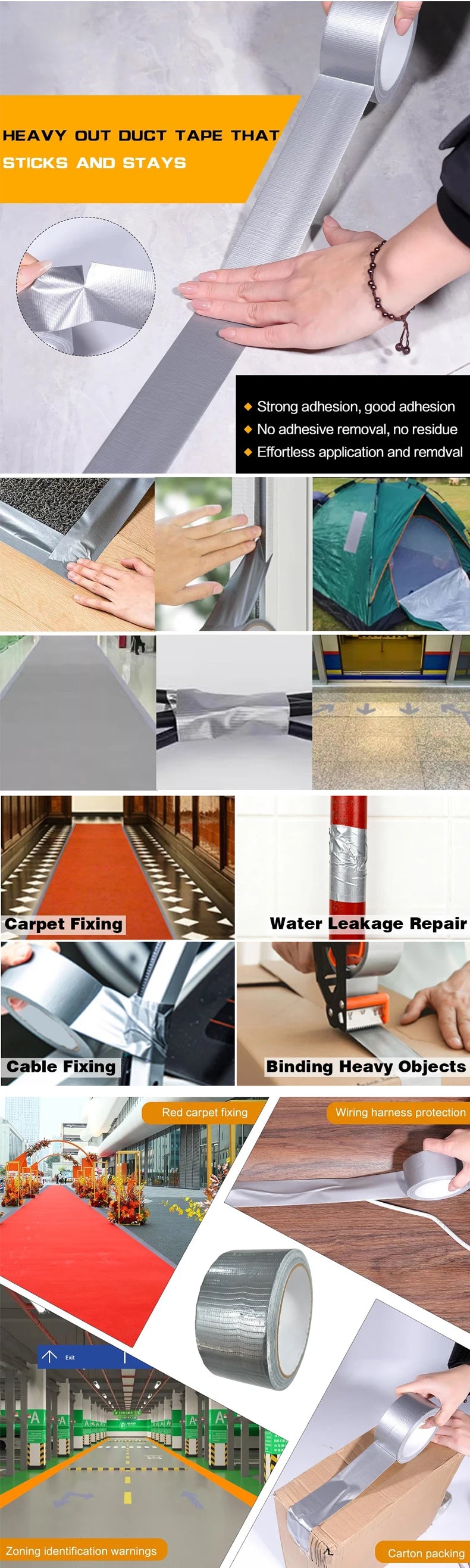 5/10/20M Duct Tape Heavy Duty Waterproof Strong Adhesive Silver No Residue Adhesive For Home Repair Use Carpet Binding Bundles