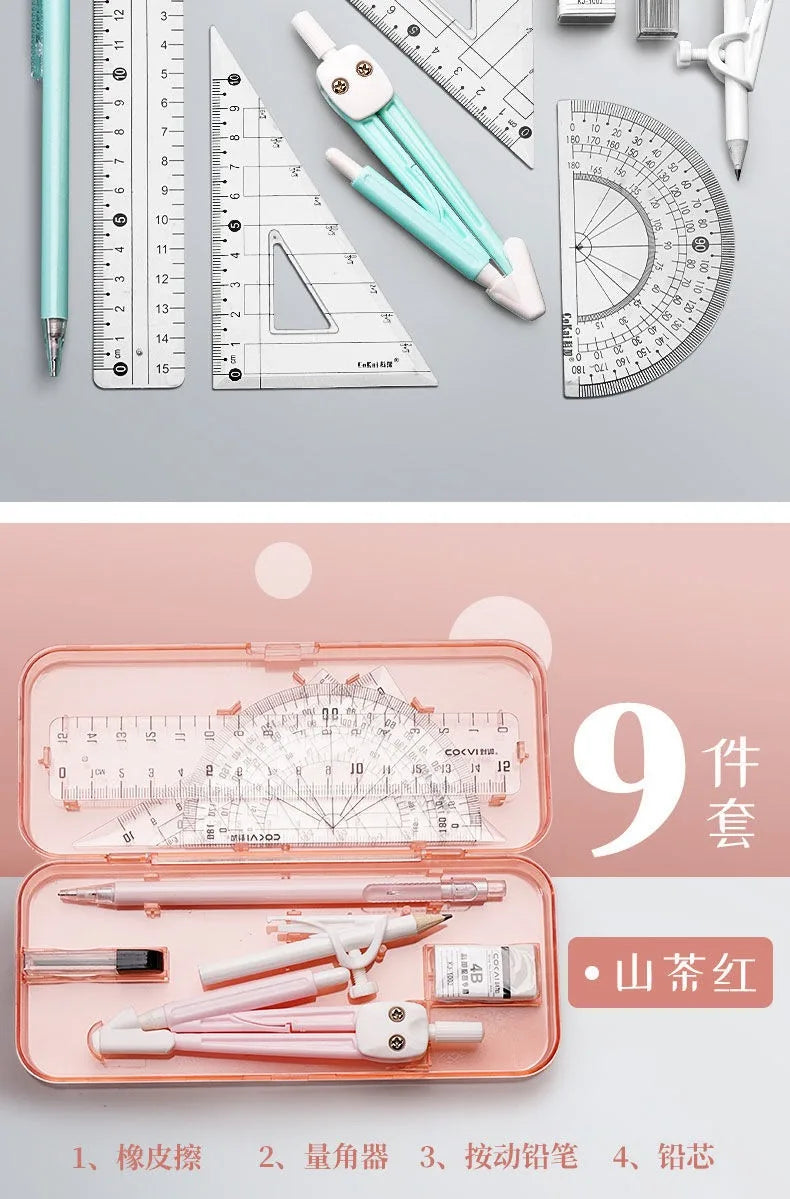 Compasses and Rulers 9-piece Set Kawaii Triangle Ruler Ruler Student Set Ruler Multi-functional Mathematical Drawing Compass Set