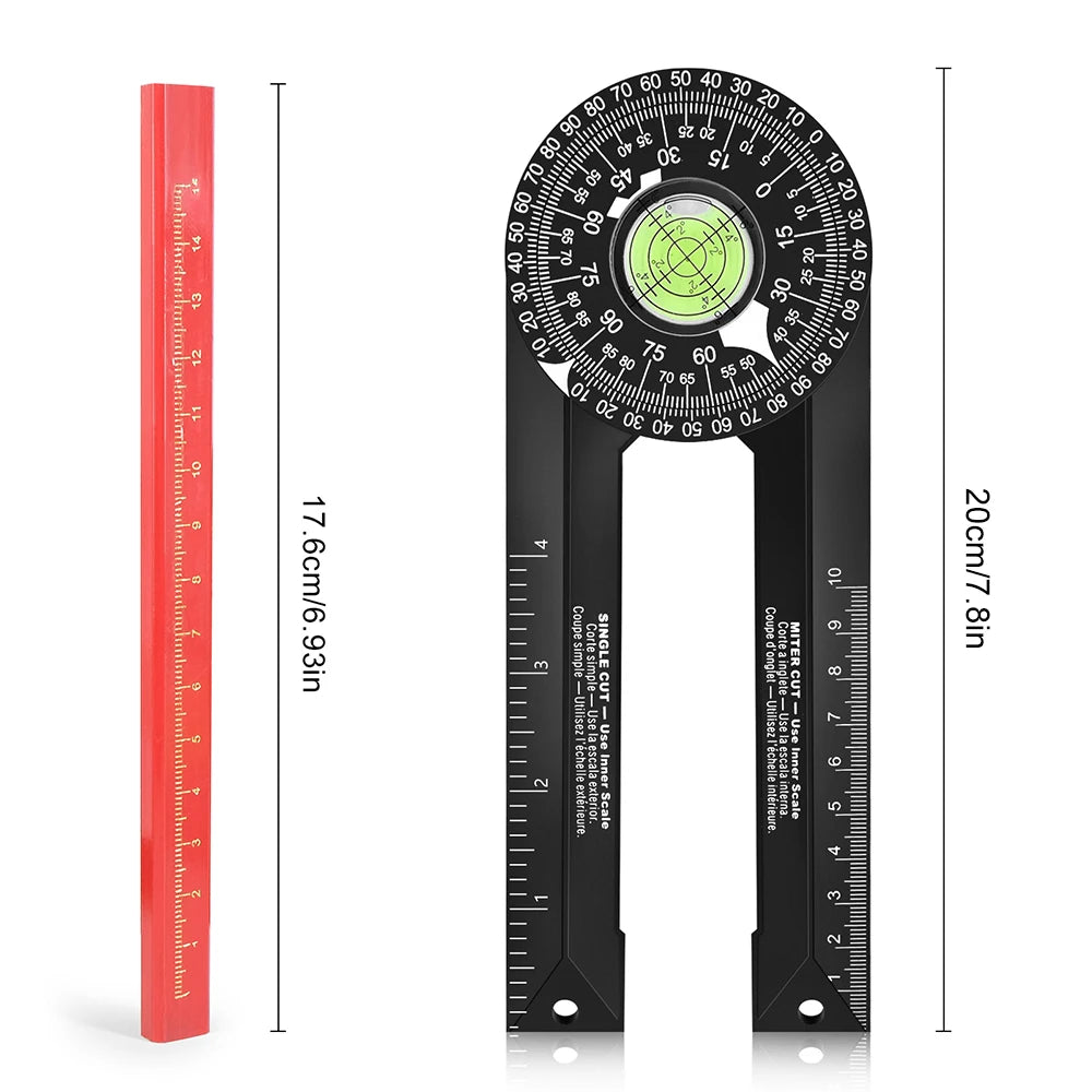 Woodworking Scale Mitre Saw Protractor 360° Angle Level with Pencil Carpenter Angle Finder Measuring Ruler Meter Gauge Tools