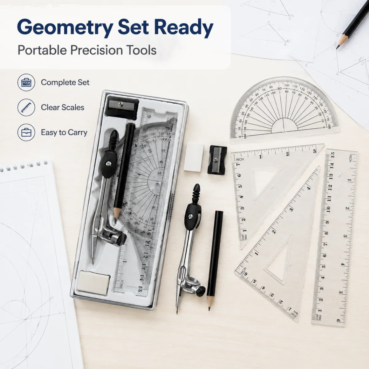 Basic 8‑piece metal compass set, geometry drafting drawing tools for student use