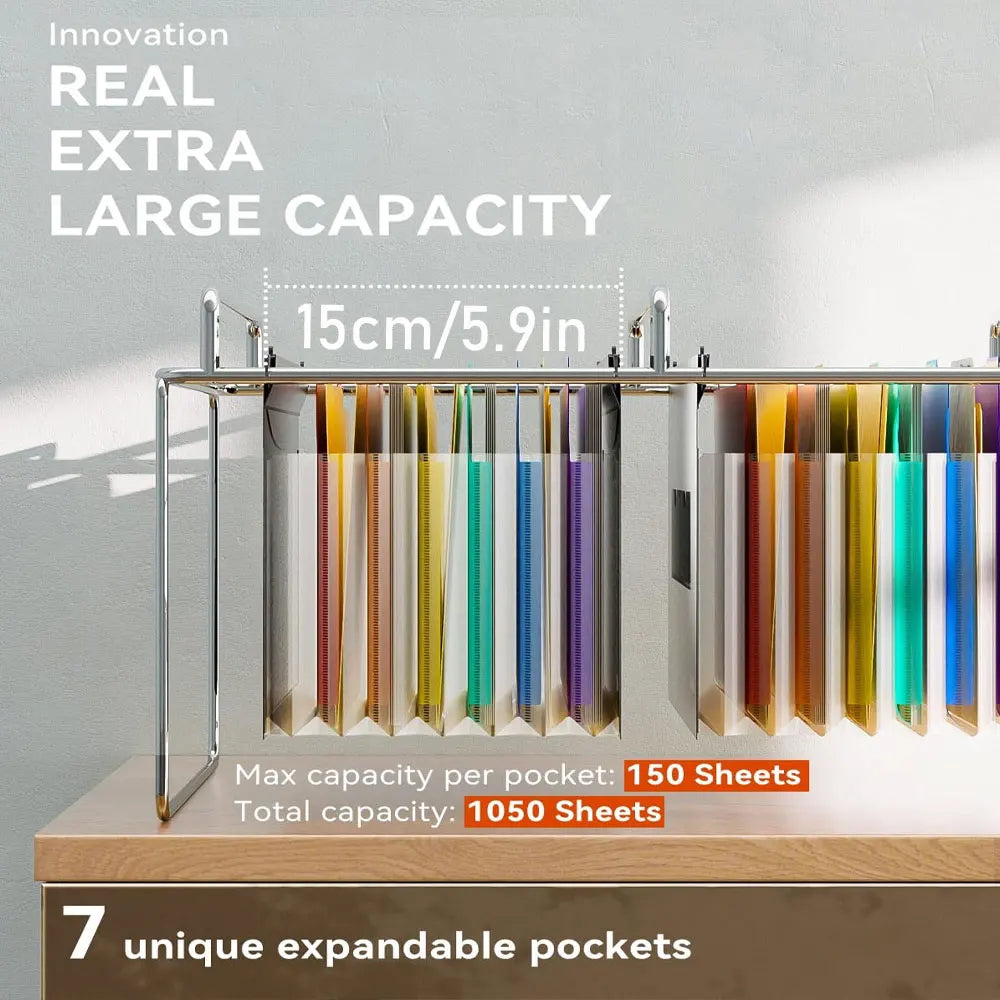 1-Pack of Plastic Telescopic Hanging Folders with 7 Compartments and Multi-Colored Labels, Suitable for Filing Cabinets.