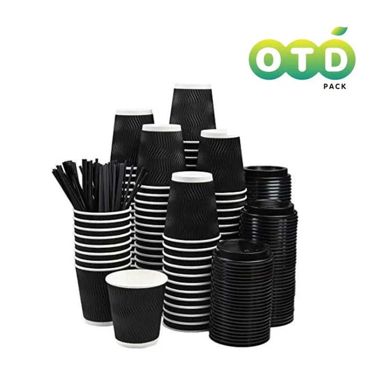 Black Rippled Double Wall Paper Cups, Disposable Coffee Cups, Paper Cups for Christmas Party and Daily [With Lids]