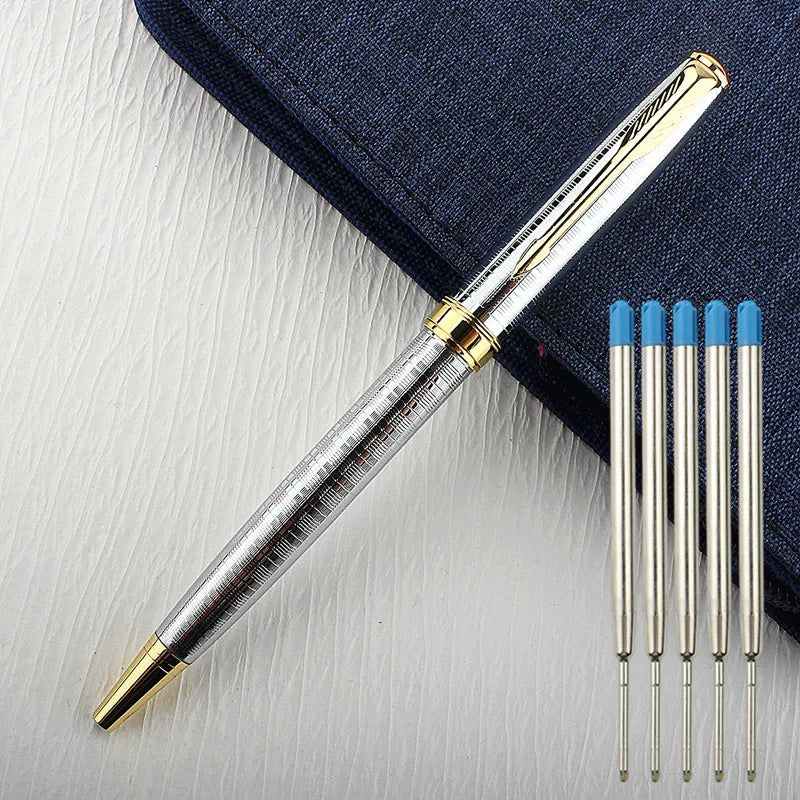 Luxury Metal Ballpoint Pen Stainless Steel Golden Trim Gift Writing Stationery Office School Supplies