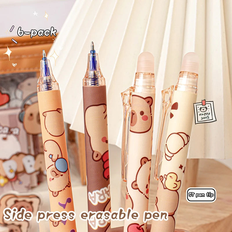 6Pcs Cute Capybara Gel Pen Set Kawaii Quick Drying Erasable Blue Ink Pens For School Office Stationery Supplies