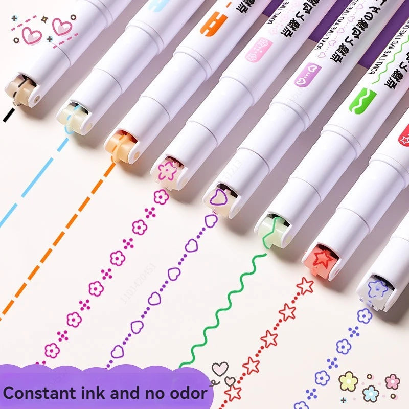 6-24pcs/set Heart Flower Line Shape Highlighter Pen Roller Tip Curve Liner Marker Kawaii Cute Stationery School Supplies
