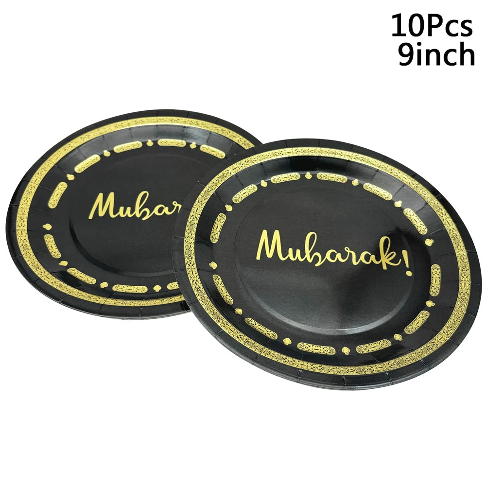 10Pcs Umrah Eid Mubarak Ramadan Party Disposable Tableware Kaaba Paper Plates Cups Napkin Muslim Islamic Eid Al-Fitr Decoration