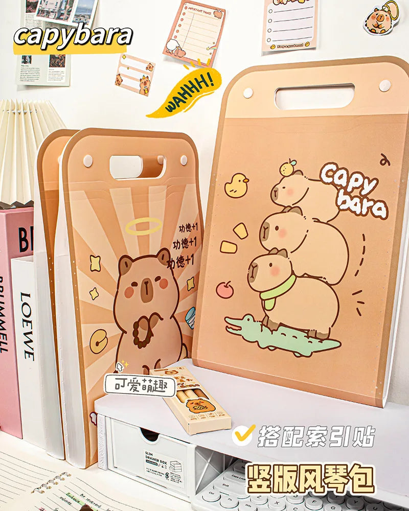 Vertical Accordion File Folder with Capybara Cartoon Print, Large Capacity for Test Papers, Student Tote Bag with Handle