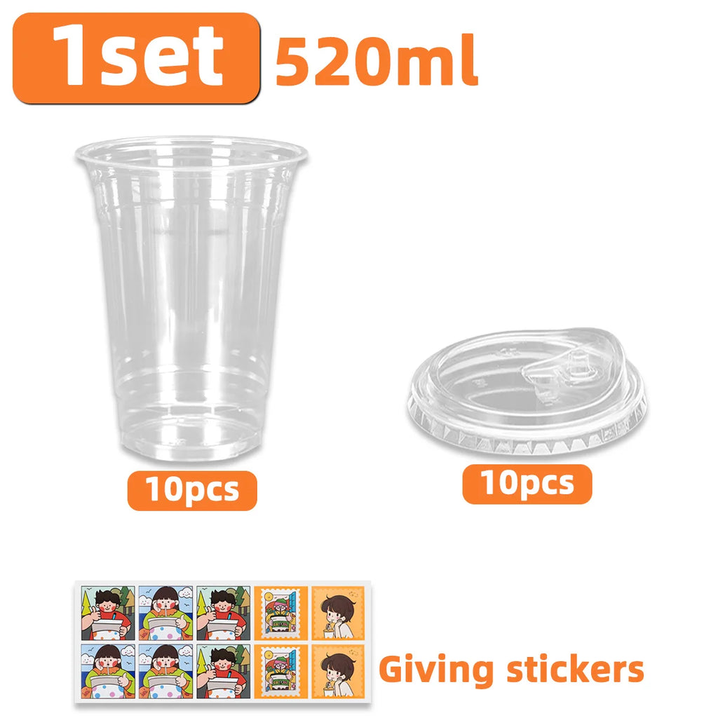 Disposable Direct Drinking Cup Transparent Plastic Cup With Lid And Sticker Leak Proof Design Suitable For Cold Drink Cups 10PCS