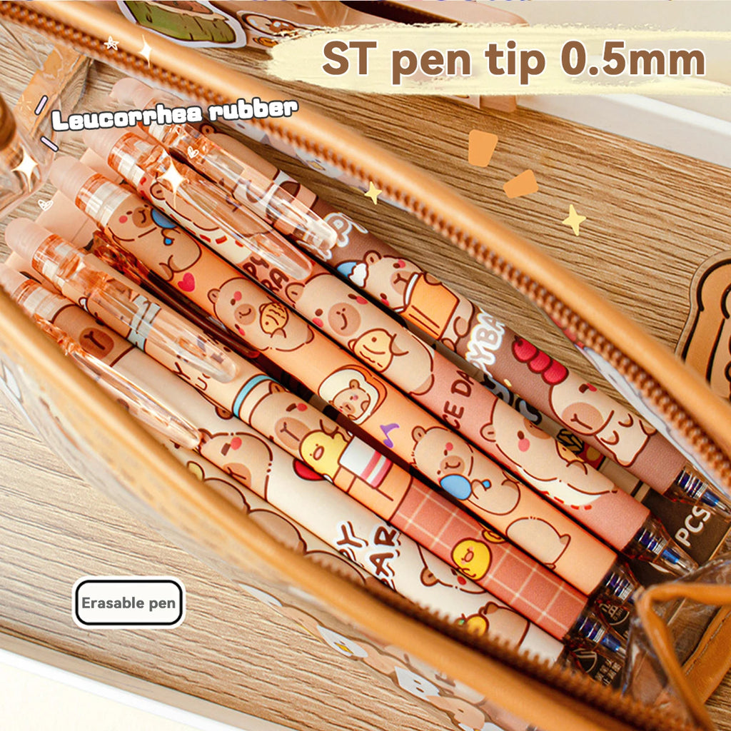 Capybara Erasable Pens 6pcs Refillable Ink Gel Pen Smudge-Free Cute Animal School Supplies for Students Office Stationery Gifts