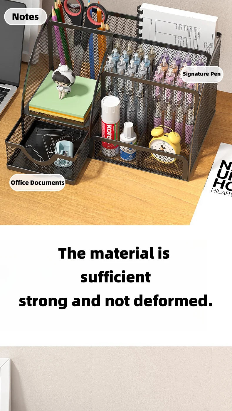 7 Compartment Metal Mesh Desktop Organizer with Drawer Pen Pencil Holder Stationery Storage for Home Office School Students Dorm
