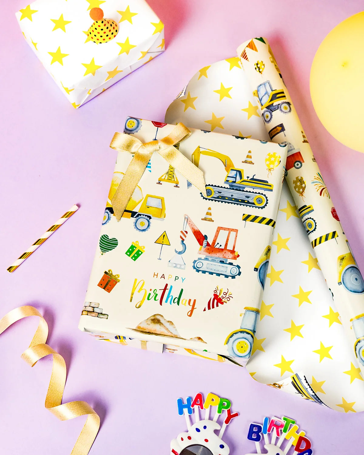Construction Birthday Wrapping Paper - 43cm x 10m - Reversible Tractor Happy Birthday Script & Star Design Gift Wrap Mini Roll