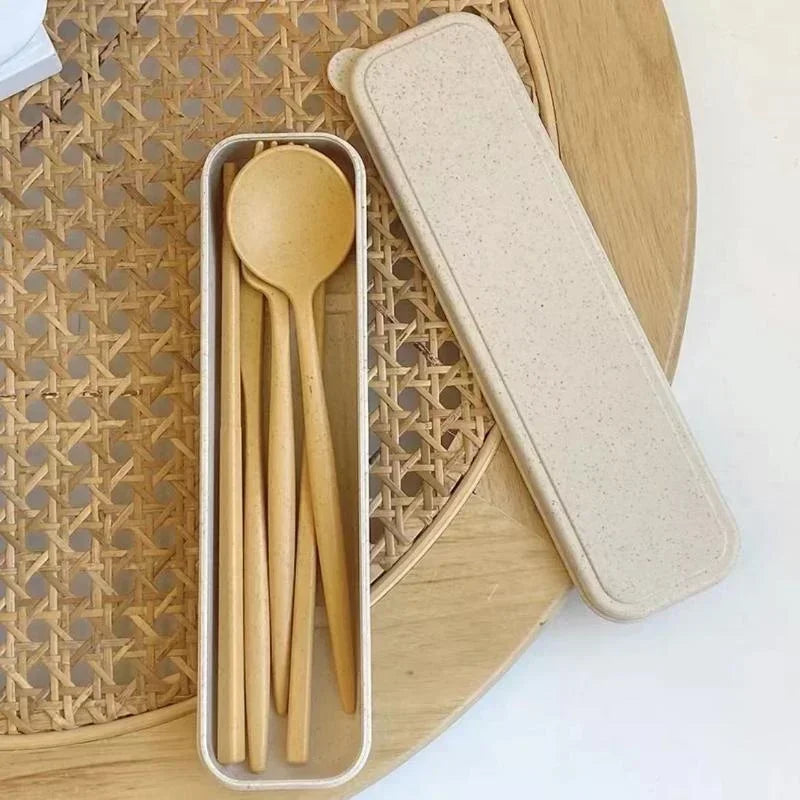 4 Pcs/Set Cutlery Wheat Straw Spoon Fork Chopsticks Box Tableware Portable Dinnerware Accessories Household Fashion Tableware