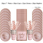 Rose Gold Party Disposable Tableware Set Light Powder Paper Plates Cups Straws Kids Birthday Party Decorations Babyshower Girl