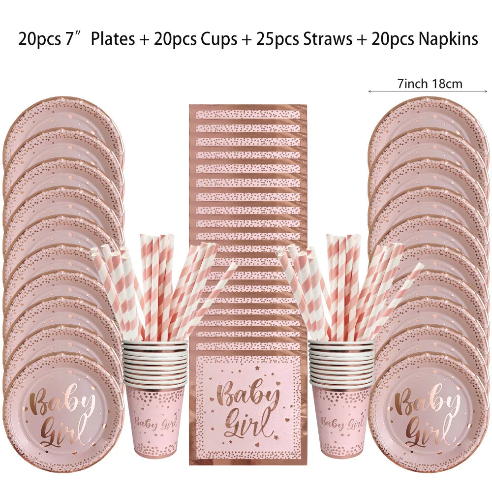 Rose Gold Party Disposable Tableware Set Light Powder Paper Plates Cups Straws Kids Birthday Party Decorations Babyshower Girl