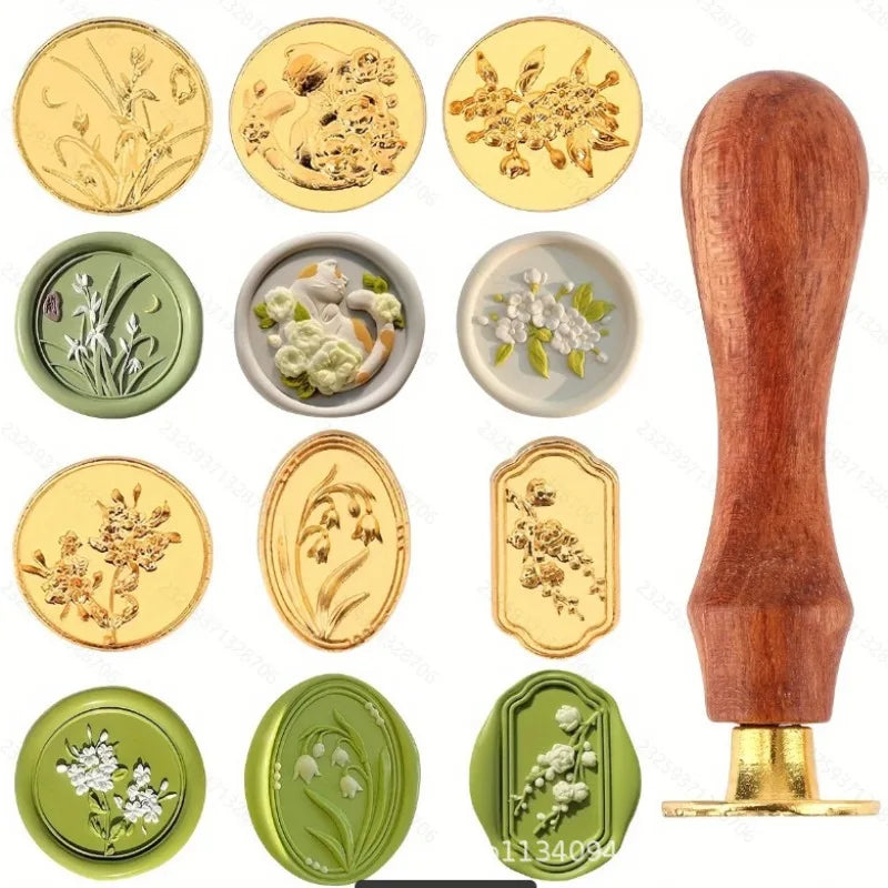 6-Piece Floral Wax Seal Stamp Set with Detachable Wooden Handle—Vintage Style, Ideal for Wedding and Birthday Party Invitations