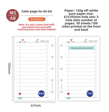 M5 20 Sheet Triple Fold Colorful Loose Leaf Notebook Refill Spiral Binder Inner Page Weekly Monthly To Do Line Grid Inside Paper