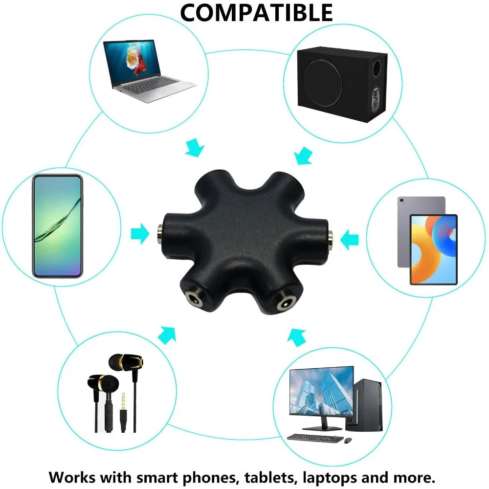5-Jack Female Connector Adapter 3.5mm Multi Headphone Audio Splitter with 3.5mm Stereo Cable 20cm Digital Audio Video Cables