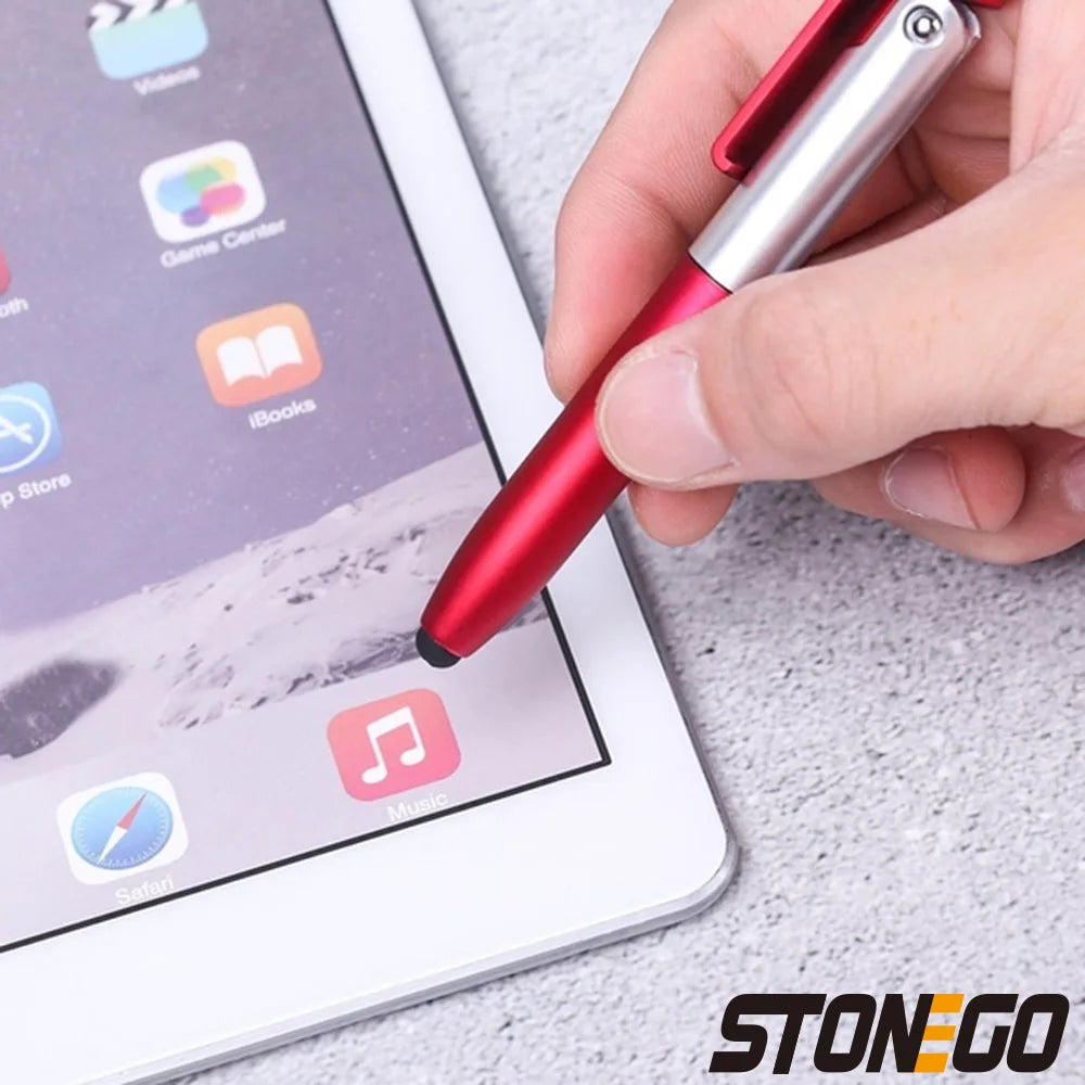 STONEGO Multifunction 4-in-1 Foldable Ballpoint Pen Stylus (Flashlight + Support) for Tablet Cellphone