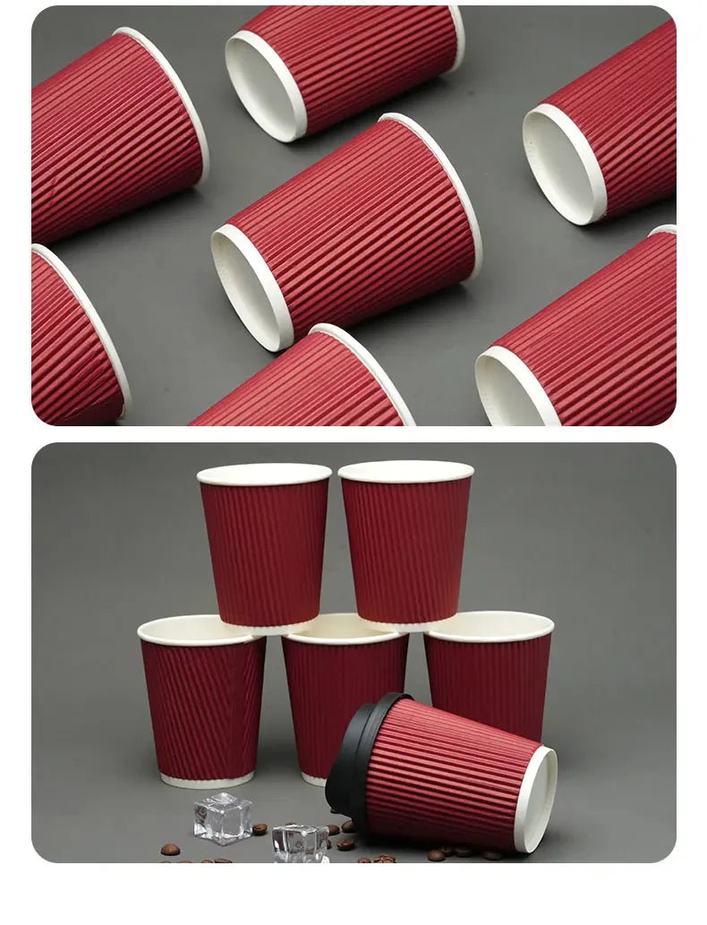 Red Corrugated Disposable Coffee Cups Heat Insulation Cups with Straw for Hot Beverage Ideal for Party Christmas New Year Supply