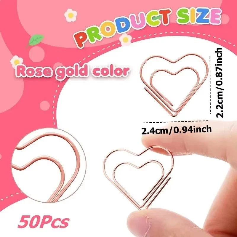 50 Mini Heart-Shaped Metal Paperclips/Set - Mini Rose Gold Heart Bookmark Clips, Perfect For Notebook Decorations And Stationery