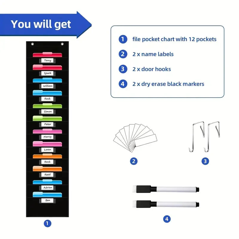 12 Pocket File Storage Chart Wall-Mounted Organizer with Hooks And Labels for  Office Organization Hanging Pocket Folder Rack