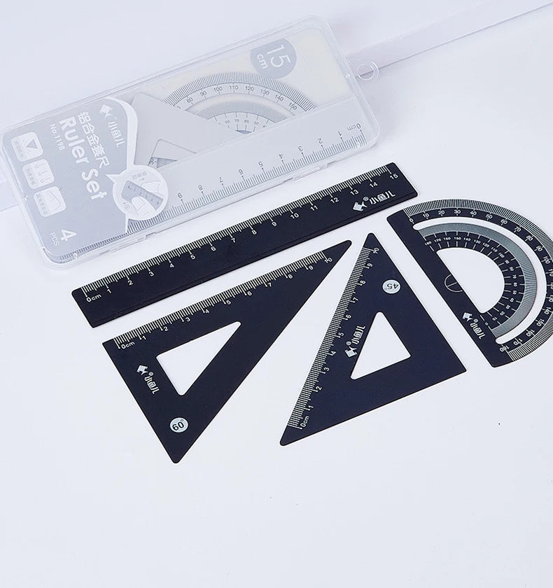 4pcs Aluminum Ruler Set,Drafting Set,With Storage Box Straight Ruler,Protractor,Students Measure Ruler Set Multi-Function Set