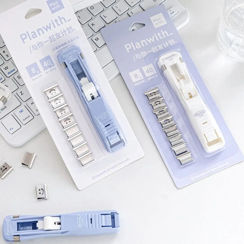 Smile Design Push Paper Clip New Plastics Mini Binder File Stapler Reusable Pusher Set School
