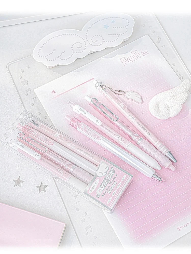 4pcs/set Pearl Angel Gel Pen Set Cute Exam Pens with Wing Design Kawaii Cartoon 0.5mm Black Ink for Kids Back To School Student