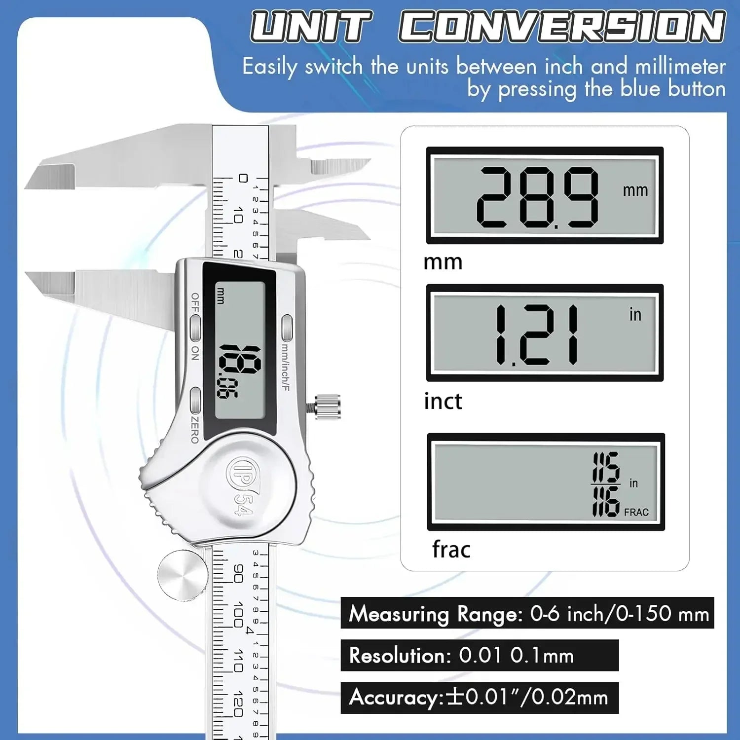 Electronic Digital Caliper, Inch and Millimeter Conversion, LCD Screen Display 0-6” Caliper Measuring Tool, Auto Power Off