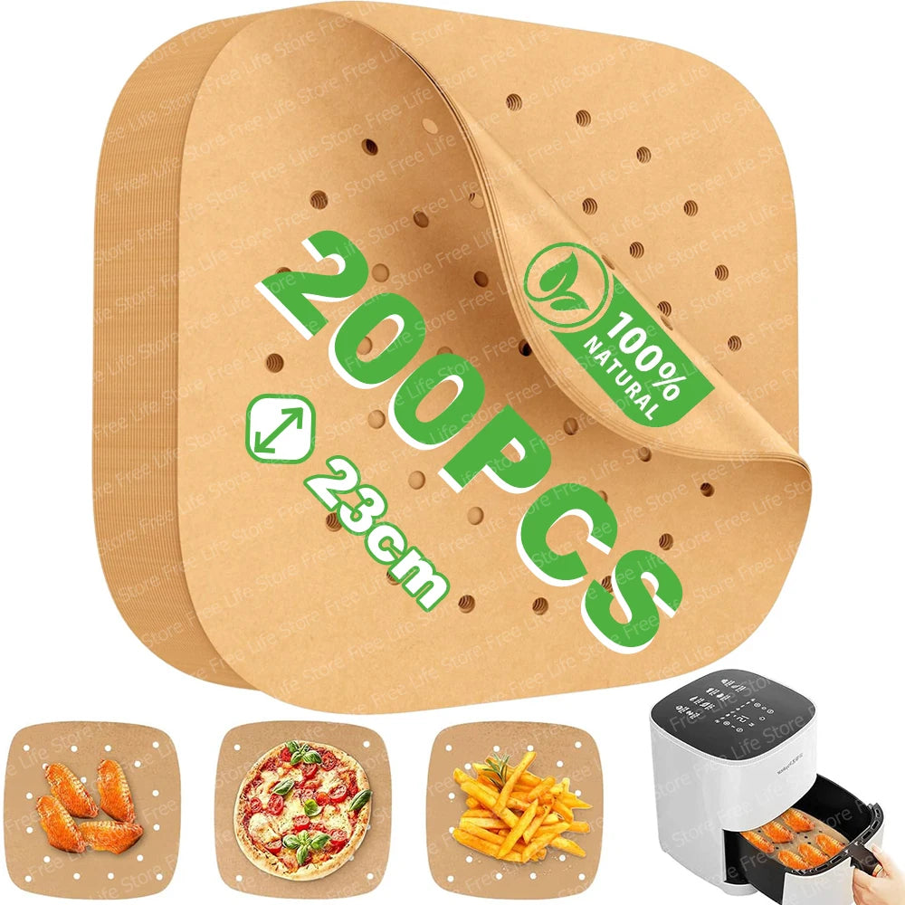 Air Fryer Disposable Paper Liners 23cm Square Perforated Parchment Paper Non-stick Greaseproof Paper for 7-12L Airfryer Steamer