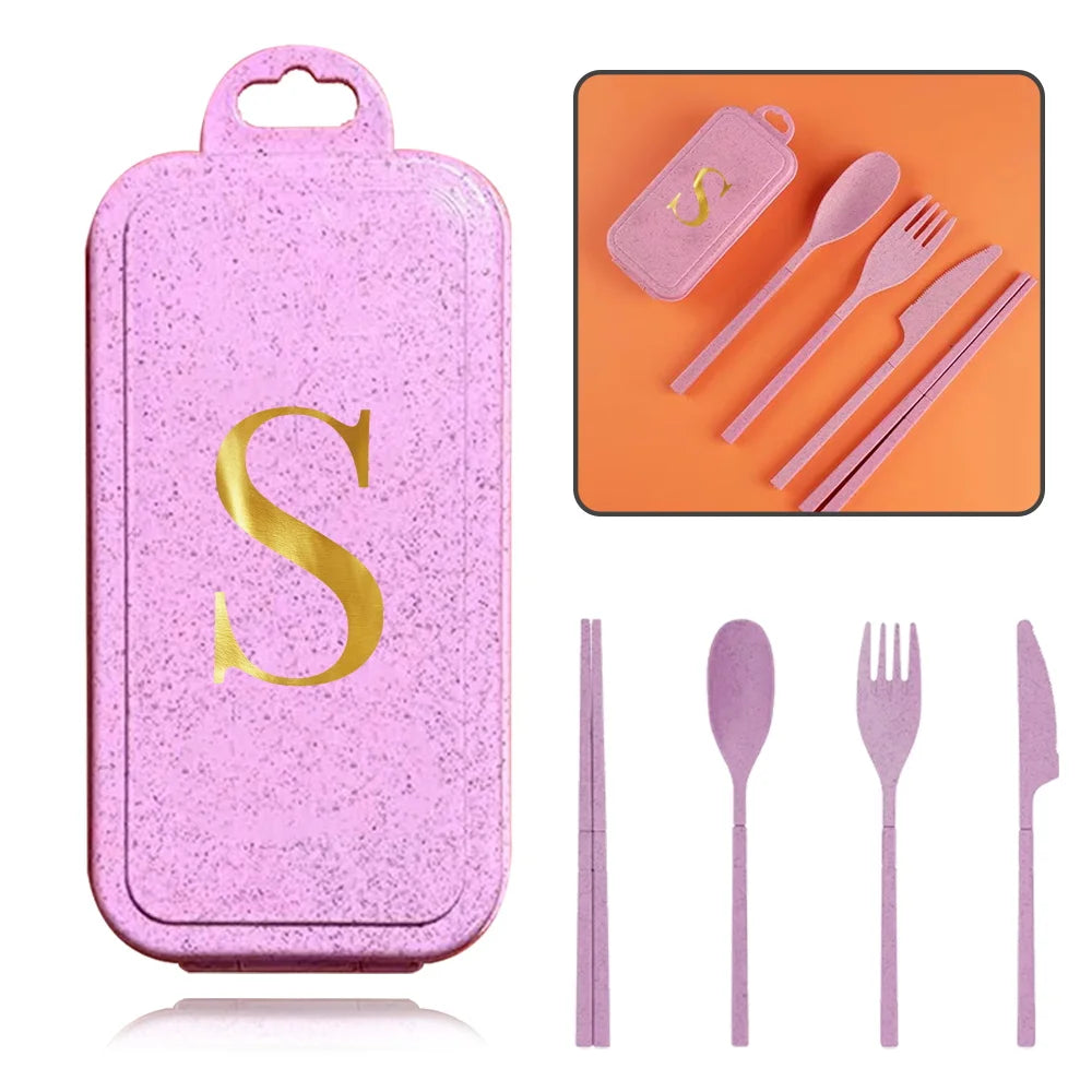 4Pcs Removable And Reusable Dinnerware Sets Spoon Knife Fork Chopsticks Organizer Case Tableware With Storage Box Letter Pattern