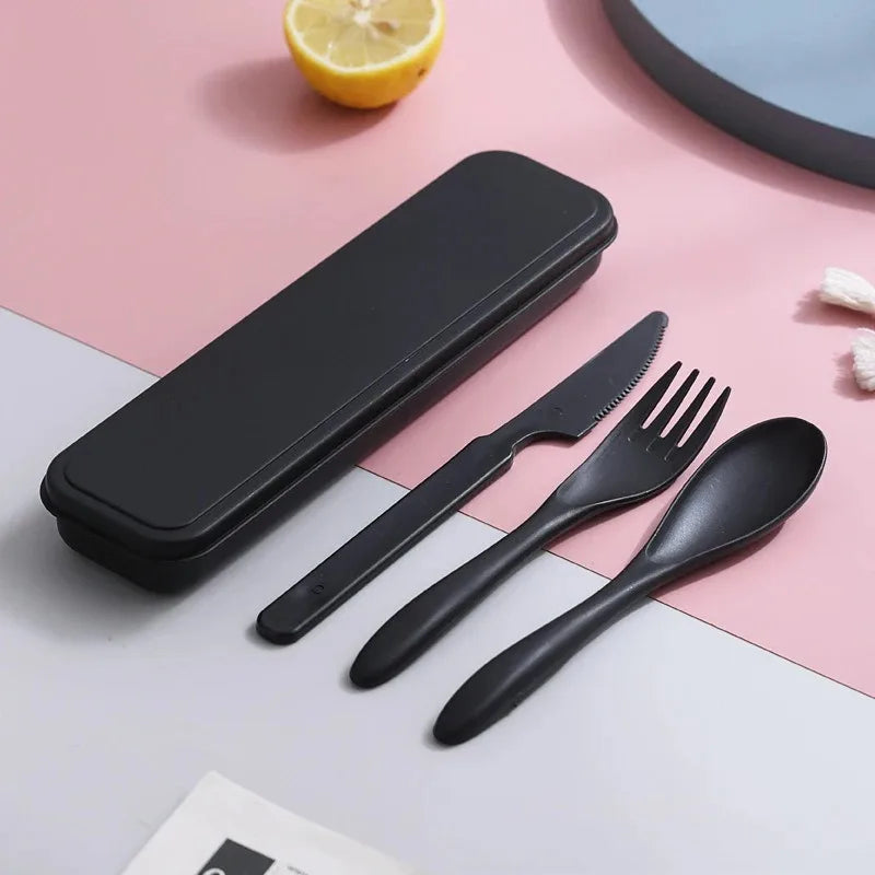 Portable Wheat Straw Dinnerware Set Reusable Knife Fork Spoon Travel Utensil Box 3In1 Tableware Kit For Tableware School Office