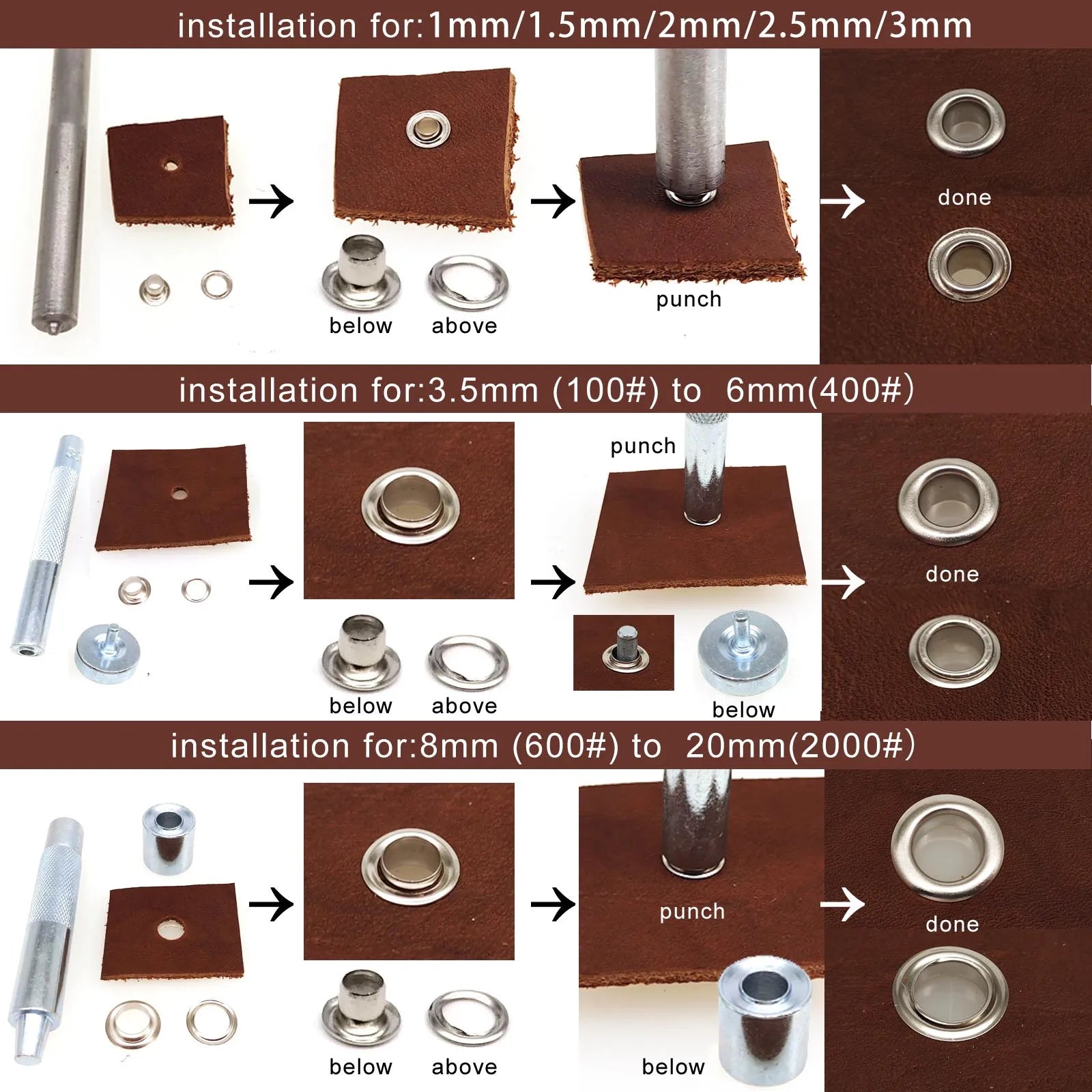 1mm to 20mm Metal Eyelets Grommet Mold Ring Air Hole Rivet Installation Punch Tool DIY Handmade Accessories High Quality Steel