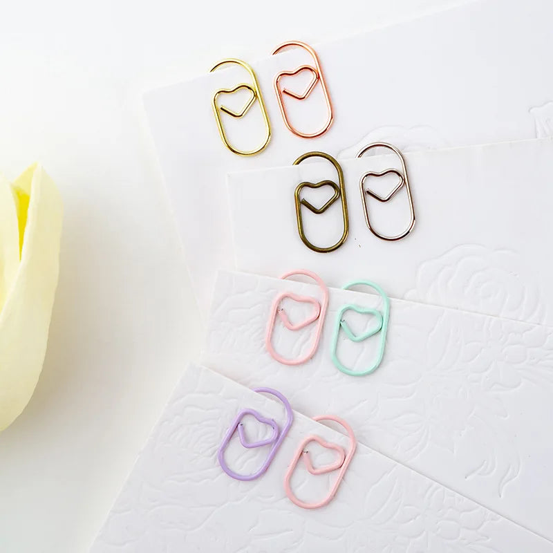50pcs Metal Macaron Love Heart Paper Clips Gold Rose Gold Mini Bookmark Ticket Photo Binder Clips Patchwork Clip Office Supplies