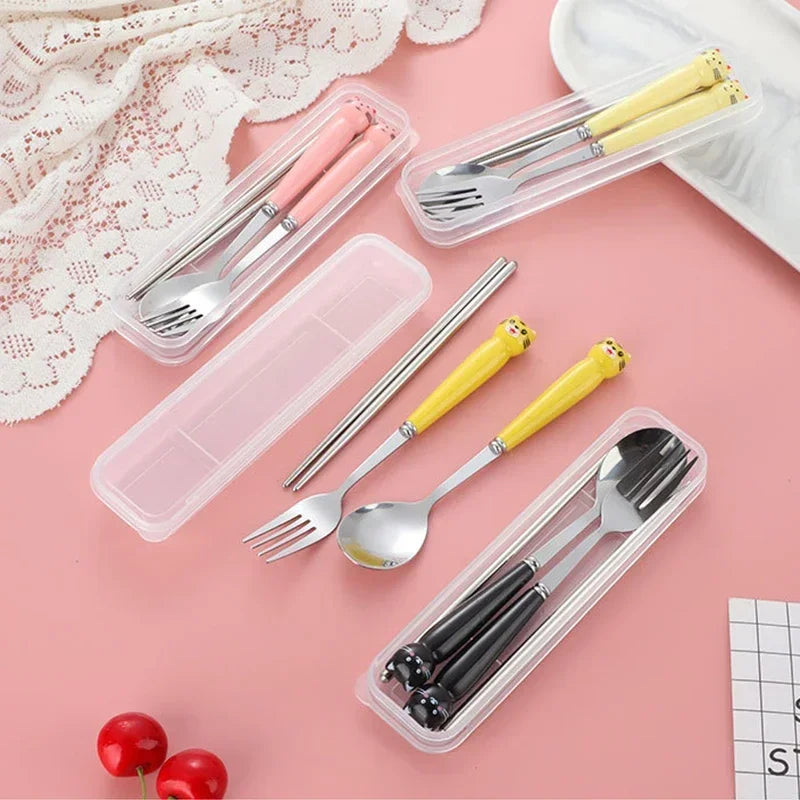 Cute Cartoon Travel Tableware with Case Portable Utensils Cutlery Set Reusable Flatware Silverware Include Fork Spoon with Case