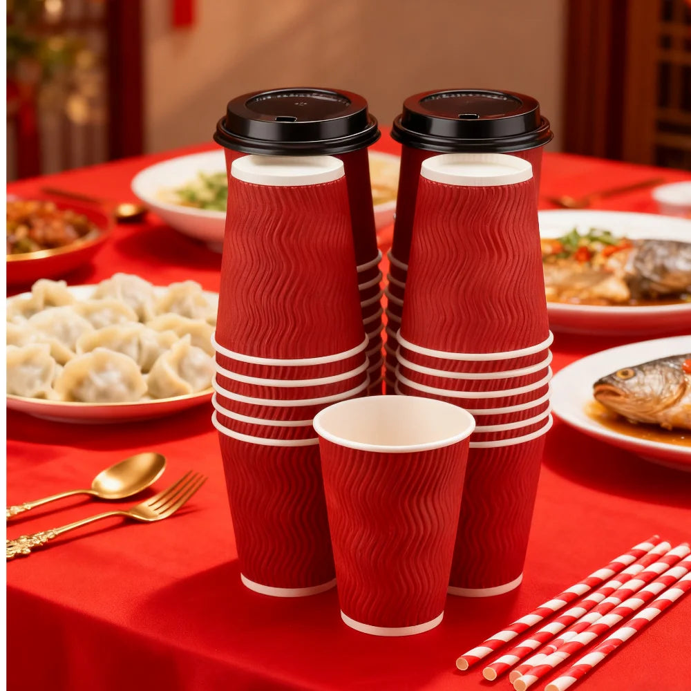 Red Corrugated Disposable Coffee Cups Heat Insulation Cups with Straw for Hot Beverage Ideal for Party Christmas New Year Supply