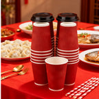 Red Corrugated Disposable Coffee Cups Heat Insulation Cups with Straw for Hot Beverage Ideal for Party Christmas New Year Supply