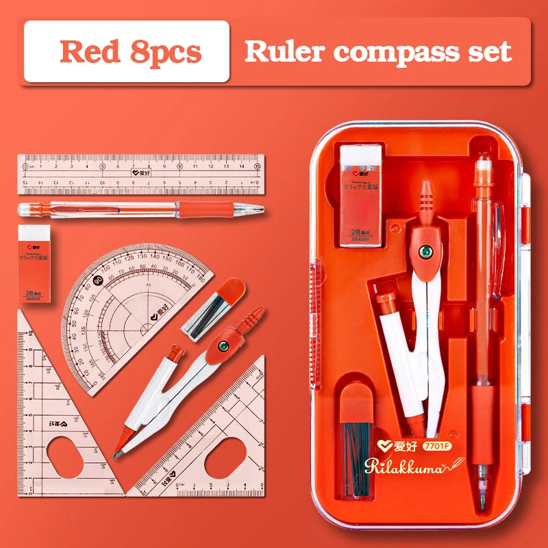 8-Piece Math Drawing Set,Drawing Tools,Including Compass,Ruler,Set Square,Protractor, Eraser,And Mechanical Pencil,Compass Set