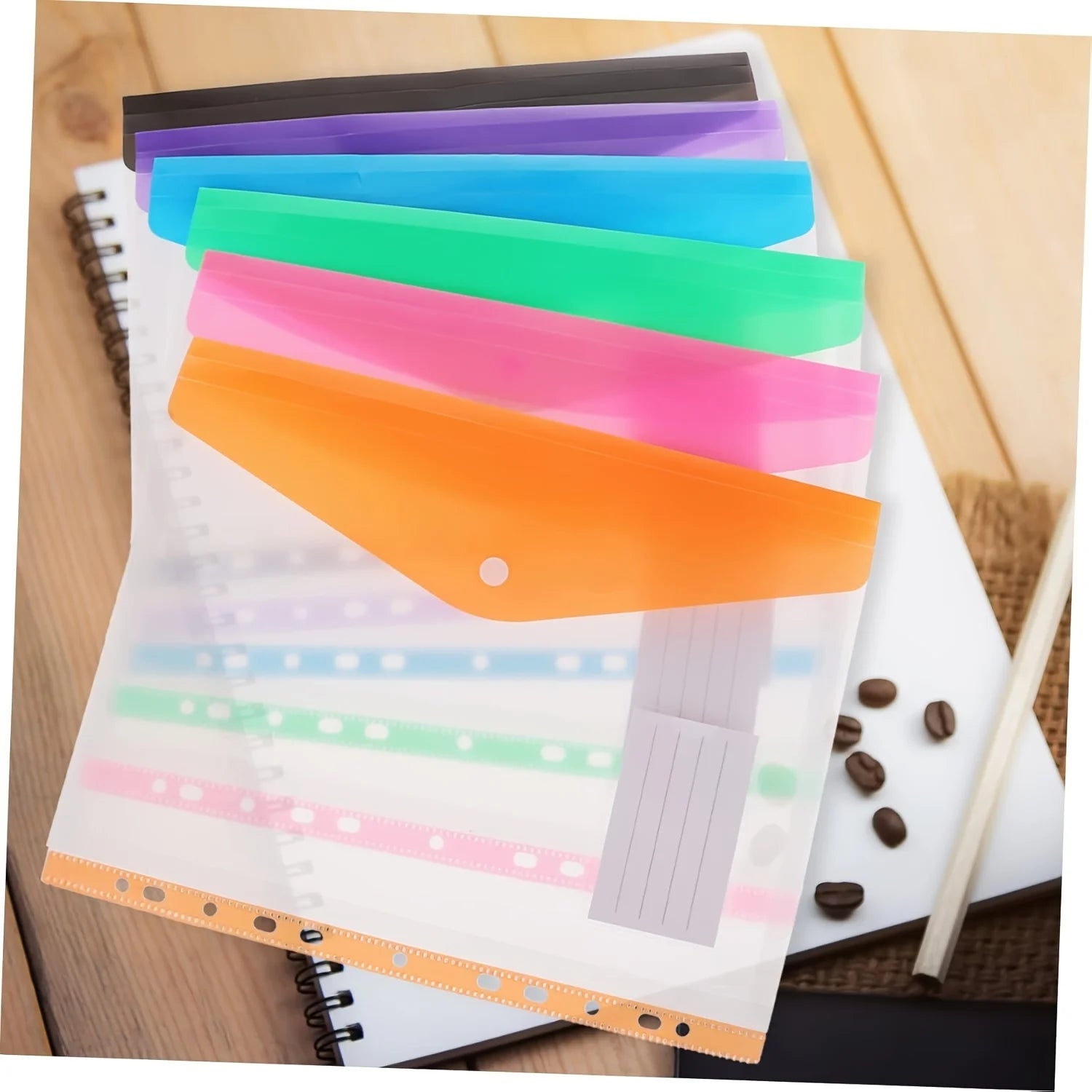 6pcs A4 Binder Pocket Plastic Envelopes, Expand Binder Folders, 6 Color Stereoscopic Transparent File Bags with Record Labels