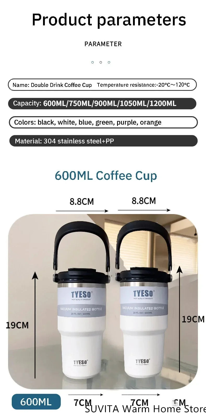 Tyeso Tumbler Coffee Cup Stainless Steel Vacuum Thermal Insulated Mug Large Capacity Double Drink Car Water Bottle Travel Mug