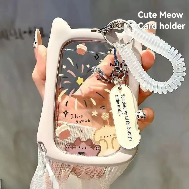 1PC Cat Ear Card Cover Transparent Student Bus Card Cover Subway Access Card ID Card Campus Card Water Card Document