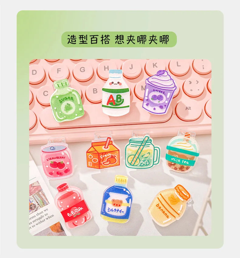 5pcs/lot Cartoon Beverage Bottle Clips Cute Acrylic Decorative Clips, Student Stationery Gifts, Test Paper Clips Ins Small Clips