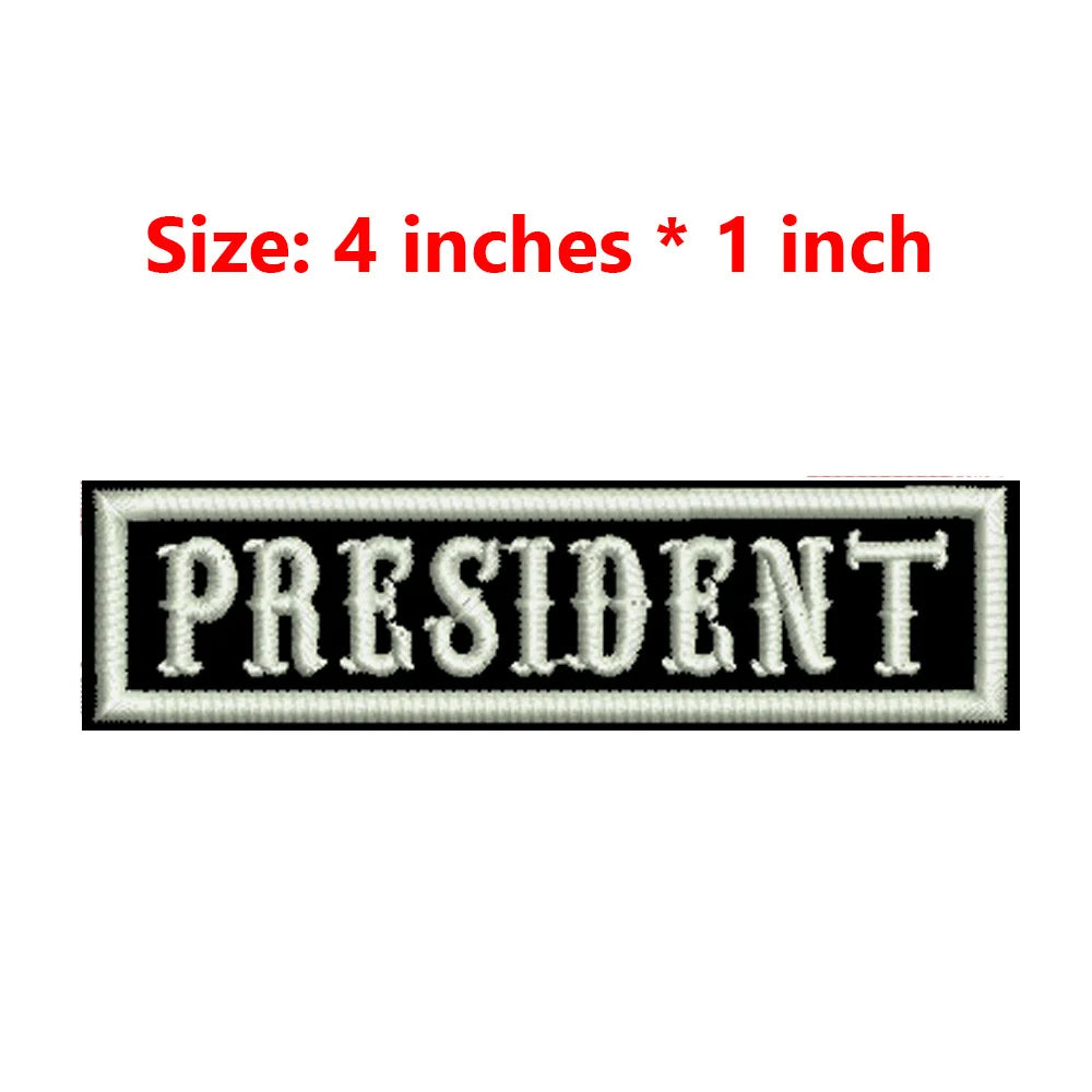 4 Inches Wide Iron On Embroidery White Texts And Border Name Tag PRESIDENT,ORIGINAL,SECRETARY,ROAD CAPTAIN,MEMBER,V. PRESIDENT