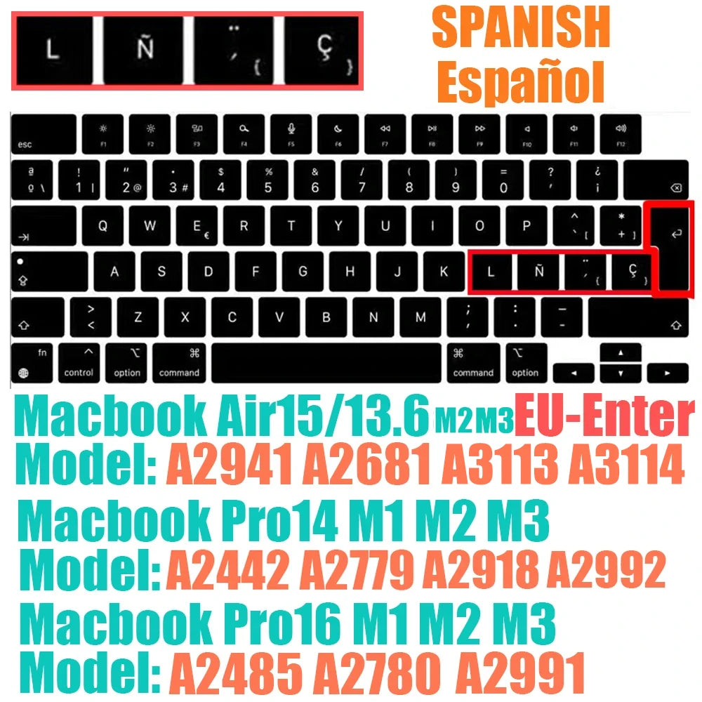 Keyboard Protective Film Silicone for 12-16' MacBook Air/Pro M1 M2 M3 Spanish Keyboard Cover Soft Protection Accessories Black