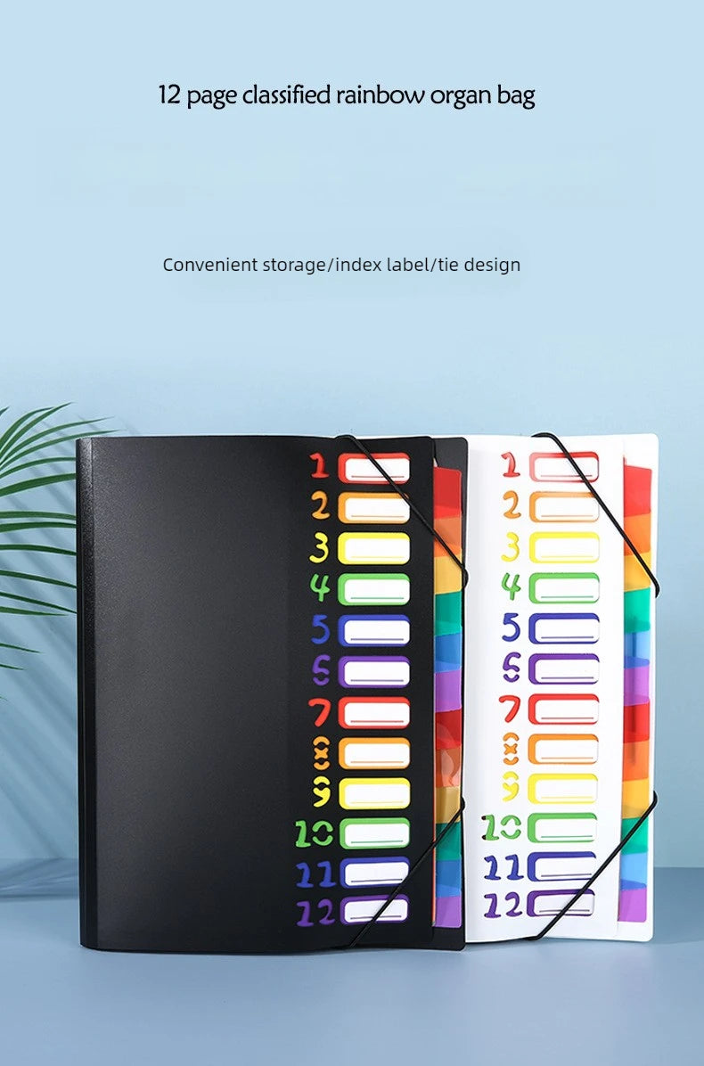 A4 12-Pocket Rainbow Accordion File Folder, Elastic Band Expanding Document Organizer with Index Tabs for School Office