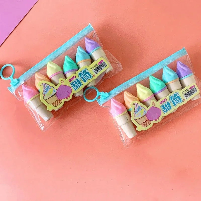 6Pcs Cute Ice Cream Highlighters Set Mini Marker Pens Kids Stationery Students Drawing Painting Tool Student School Supplies New
