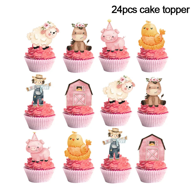 Pink Farm Animals Birthday Decor Disposable Tableware Set Paper Banner Floral Plates Baby Shower Girl Birthday Party Decorations
